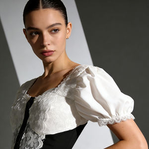 Hot sale on Temu Contrast Color Lace Trim Corset Top Ladies Sweetheart Neck Short Puff Sleeve Slim Waist Blouse for Daily &Party - Product Image 2