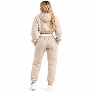 Ensemble de survêtement décontracté uni pour femme, comprenant un sweat à capuche court à cordon de serrage et un pantalon de survêtement, avec bordures côtelées, logo personnalisé, OEM, pull-over uni - Product Image 3