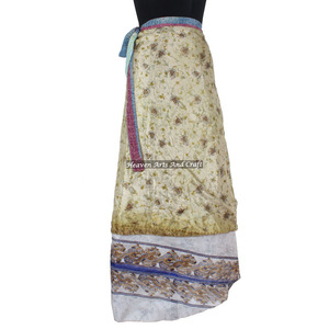 Indian Two Layer <b>Boho</b> Hippie Magic Sari Wrap <b>Skirt</b> New Printed Multi Wear Double Layered Silk Sari Wrap <b>Skirt</b> - Product Image 3