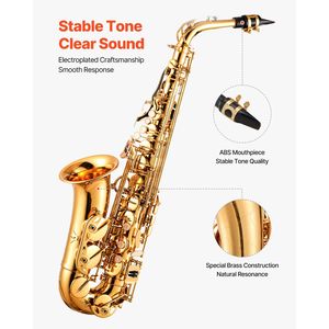 Kit de débutant pour saxophone alto Mi bémol comprenant étui de transport, embouchure, sangles, chiffon de nettoyage, bâtonnet, gants, graisse - Tout en laiton - Product Image 3