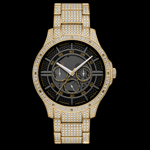 Gold Tone Crystal Stone <b>Black</b> Skeleton Dial Round Face Chronograph Style Fashion <b>Watch</b> With Detailed Multi Display Luxury Design - Product Image 1