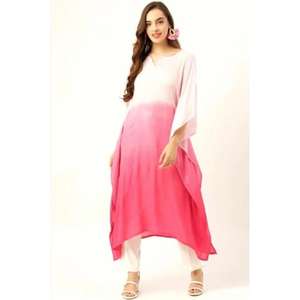 Eleva tu guardarropa con esta elegante y sin esfuerzo caftán maxi estilo kurta en degradado blanco y rosa, ODM, 100% algodón, para otoño. - Product Image 1