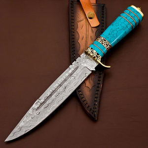 Couteau Bowie Damas fait main, manche en marbre et laiton, lame fixe, étui en cuir - Product Image 2