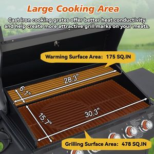 Grill a Gas Propano a 6 Bruciatori, 72000 BTU, in Acciaio Inossidabile, con Griglie in Ghisa e Bruciatore Laterale - Product Image 5