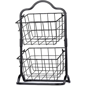 Double Tier Wire <b>Storage</b> Basket Stand Black Metal Kitchen Organizer Industrial Style Durable Sundries <b>Storage</b> Basket - Product Image 1