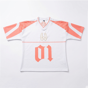 เสื้อฟุตบอลอเมริกันแบบสั่งทำพิเศษ ไซส์พลัส ดีไซน์ทันสมัย สวมใส่สบาย สีพีชและสีขาว พร้อมลายพิมพ์แบบรีดร้อน รุ่นใหม่ล่าสุด - Product Image 1