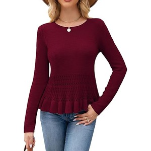 Pull en tricot bordeaux pour femme, col rond, manches longues, ourlet à volants, respirant, style automne - Product Image 6