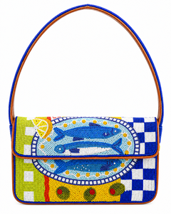 Sac à bandoulière de luxe fait main en verre perlé moderne, motif poisson méditerranéen, pochette de créateur pour femme, avec bouton, durable et léger - Product Image 1