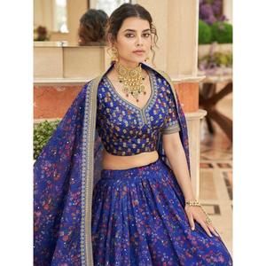 Belle tenue de réception en organza imprimé numérique bleu Lehenga Choli - Product Image 5