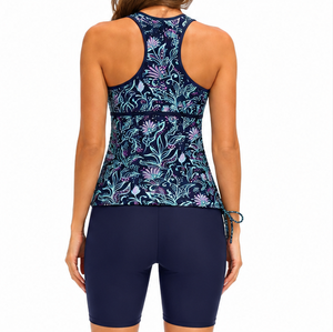 Nouveau Maillot de Bain Tankini 2 Pièces Bleu Floral Col V pour Femme 2026 avec Cordon de Serrage et Dos Nageur, Maillot de Bain Athlétique Fabriqué au Pakistan - Product Image 3