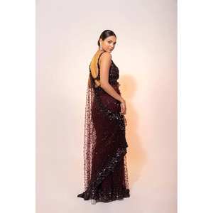 Saree de fête marron FB Designer avec séquence et fil taille de travail m 950g pour tenue de club - Product Image 5