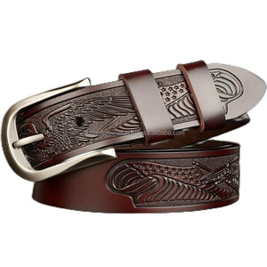 เข็มขัดหนังแท้สำหรับผู้ชายและผู้หญิงเข็มขัดหนังแท้สลักลายนกอินทรีแบบตะวันตก - Product Image 4