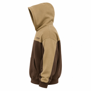 Custom 320 GSM Camel <b>Tan</b> Dark <b>Brown</b> Color Block Cotton Polyester Pullover Fleece Hoodie With Screen Printed Logo - Product Image 4