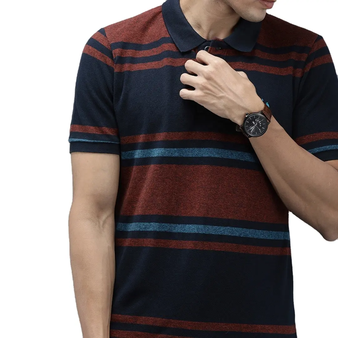 Camiseta Polo de manga corta rayada teñida de hilo personalizada para hombre, camiseta polo acanalada con rayas multicolor, fabricante INDIA