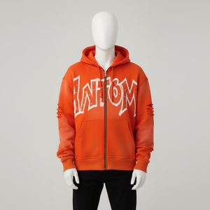 Sweat à capuche zippé personnalisé effet vieilli avec motif en strass, orange, épais, streetwear pour homme, en molleton, coupe oversize, déchiré, vierge, Vendo - Product Image 2