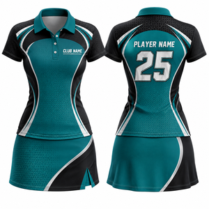 Ensemble jupe et polo de golf sportif pour femme, dégradé de couleurs bleu sarcelle, noir et blanc, imprimé par sublimation, en tricot extensible à séchage rapide, coupe courte - Product Image 1