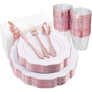 Set di stoviglie usa e getta in plastica color oro rosa da 175 pezzi, include 25 piatti piani, 25 piattini da dessert, 25 forchette, 25 kit per feste - Product Image 1