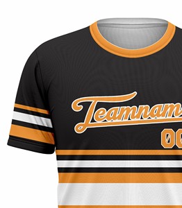 Camiseta de Manga Corta Tejida para Hombre, Color Negro Sólido, Amarillo Dorado y Blanco, con Estampado del Nombre del Equipo, Cuello Redondo, Corte Regular, Formal - Product Image 4