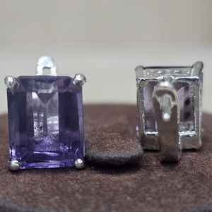 Boucles d'oreilles en argent sterling 925 avec améthyste naturelle à coupe émeraude, bijoux fantaisie, cadeau pour femme, fabrication artisanale sur mesure - Product Image 5