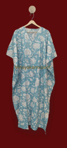 Impresionante Kaftán Midi de Cintura Alta con Estampado Floral Sanganeri en Azul Turquesa, 100% Algodón Ecológico, Corte Asimétrico Regular, Estilo Kimono - Product Image 6