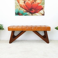 Banc capitonné de luxe fait main en cuir véritable et bois de teck massif, 47 pouces, moderne, pour entrée, chambre ou salle à manger, idéal pour la maison ou l'hôtel