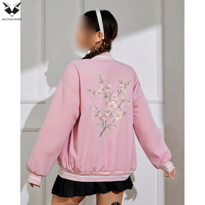 Veste universitaire rose à manches longues avec fermeture éclair, bordure contrastante, coupe classique, pour femme, tenue d'automne, couleur unie, col rabattu - Product Image 4