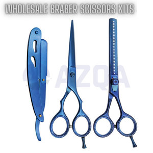 Stainless Steel Barber Hair Cutting and Thinning Scissors Set with Straight Razor Blue Color Coated with Leather <b>Case</b> Salon Kit - Product Image 5
