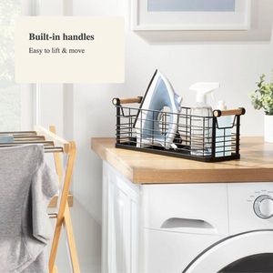 Cestino Rettangolare in Filo Metallico con Manici in Legno Naturale Colore Nero - Product Image 5