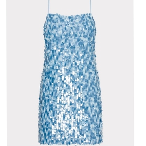 Blue Sequin Mini Dress Oval Embellished Sleeveless Spaghetti Strap Square <b>Neck</b> Women Evening Party Clubwear Camisole Garment - Product Image 1