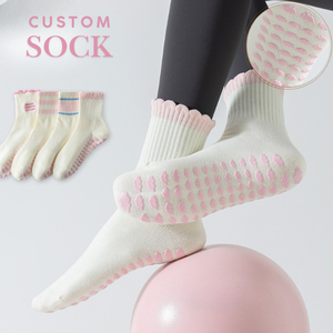 <b>Custom</b> Logo Ruffle Pilates <b>Grip</b> <b>Socks</b> Yoga <b>Socks</b> for Women Gym Crew <b>Socks</b> Jacquard Embroidery Logo Anti-slip <b>Grip</b> Fitness <b>Socks</b> - Product Image 1