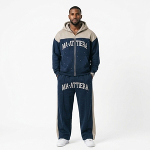 <b>men</b> hoodie set <b>jogger</b> set <b>navy</b> blue beige tracksuit color block tracksuit cotton fleece set zip up hoodie <b>jogger</b> pants oversized - Product Image 1