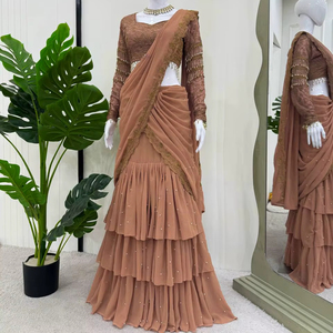 Conjunto de Lehenga Saree de Georgette Sintético Marrón Listo para Usar con Choli Bordado – Moderno y Elegante - Product Image 1