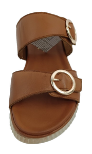 Brown Genuine Leather Platform Slide Sandals Open Toe Chunky Sole <b>Cushioned</b> Flat Summer Shoes - Product Image 2