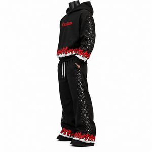 Conjunto de Sudadera con Capucha Oversize Unisex, Negro y Rojo, Estilo Urbano, Felpa Francesa 100% Algodón, con Bolsillo, Hip Hop, Gótico, Invierno, Bordado - Product Image 1