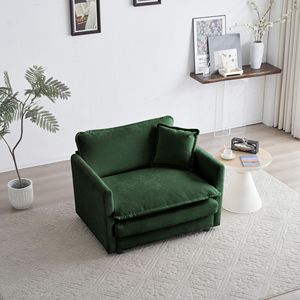 Comoda Poltrona Singola in Tessuto Ciniglia Verde, Sedia Imbottita Profonda per Soggiorno con 1 Cuscino Decorativo - Product Image 1