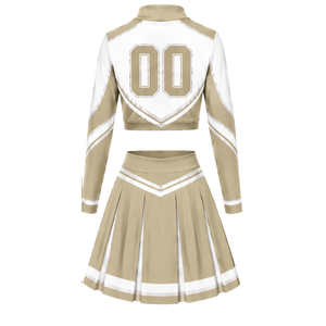 Beige <b>White</b> Sublimated Cheer <b>Long</b> Sleeve Uniform Set Pleated <b>Skirt</b> Athletic Team Sportswear Training Practice Performance - Product Image 3