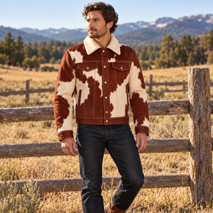 Custom Mens Rosewood <b>Cream</b> <b>Hair</b> On Cowhide Western Jacket <b>Straight</b> Yoke Cowboy Ranch Coat OEM Wholesale Manufacturer Premium B2B - Product Image 5