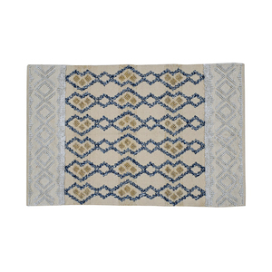 Tapis marocain tissé à la main en sergé, crème, bleu, beige, texturé, à poils ras, adapté aux animaux domestiques, en coton, pour salon bohème - Product Image 1