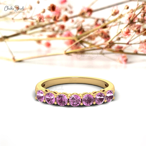 Nuevo Anillo de Media Eternidad con Zafiro Rosa Natural de Corte Redondo de 2 mm en Oro Amarillo Sólido de 14k, Anillo de Piedra de Nacimiento de Septiembre - Product Image 1