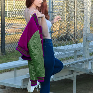 Veste courte universitaire pour femme, style Letterman, veste bomber, manches en similicuir, vêtements d'extérieur décontractés, mode féminine, violet et vert - Product Image 4