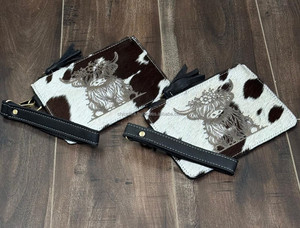 Nouvelle arrivée Hair-On pochette bracelet en cuir de vachette avec pochette gravée au Laser Floral Highland Cow avec pompon et sangle détachable - Product Image 4