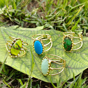 Anillo de fiesta chapado en oro de 18 quilates con piedra ovalada lisa de jade peridoto y banda abierta múltiple, elegante anillo de joyería para regalo. - Product Image 3