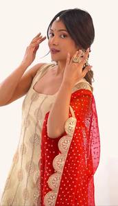 <b>Women</b> Traditional Cream Embroidered <b>Kurta</b> Set With Red Polka Dot Dupatta For Wedding India Pakistan Style - Product Image 3