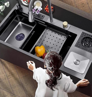Évier de cuisine multifonction cascade en acier inoxydable intelligent noir avec affichage numérique LED, cuve unique, fait main, à encastrer sous plan