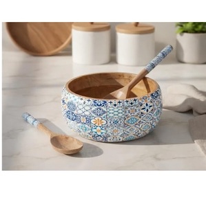 Tazón para servir ensalada de frutas y verduras, para uso en mesa de madera, artículo decorativo, diseño estampado en esmalte, tazón redondo y profundo para servir comida - Product Image 1