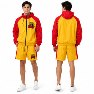 Conjunto de Chaqueta con Capucha y Pantalones Cortos para Hombre, en Bloques de Color Rojo y Amarillo, Transpirable, Estilo Deportivo, para Verano - Product Image 4