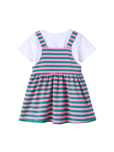 Girls' Set <b>White</b> T-<b>Shirt</b> Striped Suspender <b>Dress</b> with Buttoned Pockets Outdoor Casual Daily <b>Dress</b> Set for Girls made Bangladesh - Product Image 2