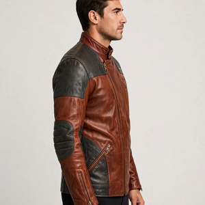 Blouson de moto en cuir personnalisé pour homme, color-block, fermeture éclair, col montant, style motard, pour l'automne - Product Image 3