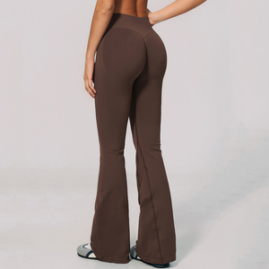 <b>High</b> <b>Waist</b> <b>Flared</b> Leg Yoga <b>Leggings</b> Full Length Solid Brown Spandex Nylon Seamless Four-Way Stretch Elastic <b>Waist</b> - Product Image 2