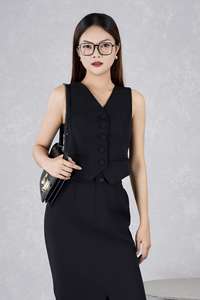 Chaleco de sarga americana para mujer, cuello en V, abotonado, teñido liso, estilo estructurado para oficina KA11 Hecho en Vietnam - Product Image 5